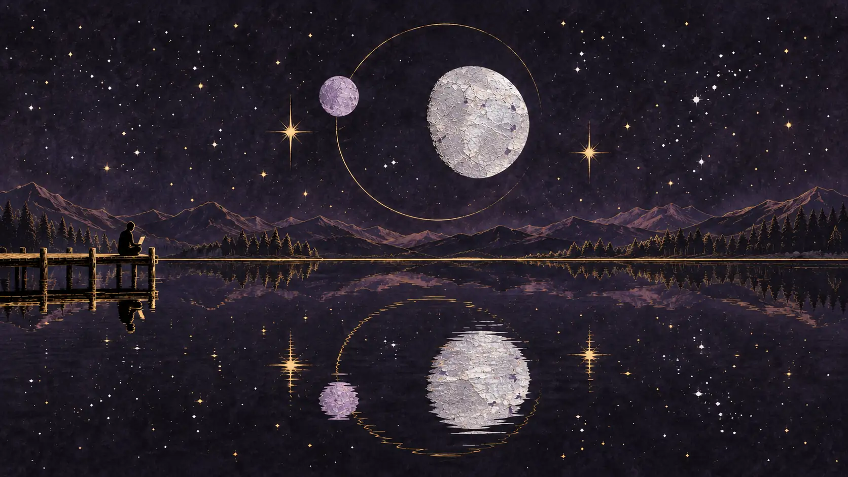 A night sky with two moons over a mountain lake. On a jetty at the left, someone sits with a laptop.